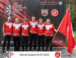 Team Switzerland at the WDF Europe Cup Youth 2023: Sven Gut (Head Coach), Michel Roy (Coach), Ivan Jenni, Justin Oeschger, Nico Hodel, Rinaldo Hodel